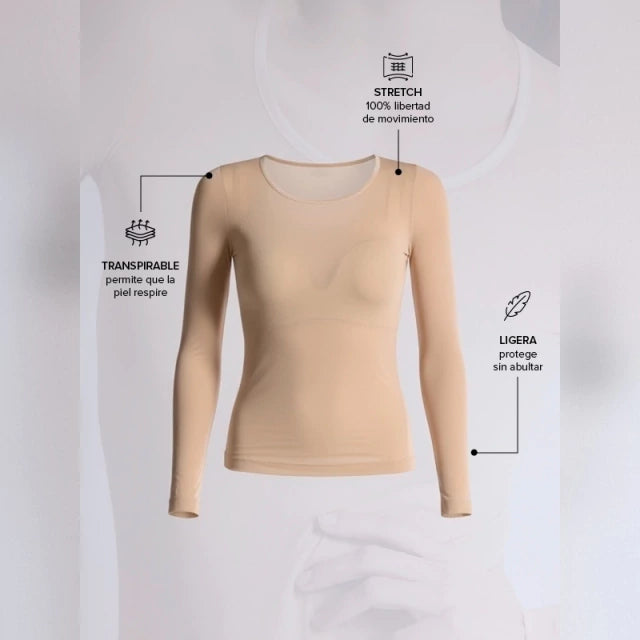 Camiseta Térmica Manga Larga Blanca de Microfibra Stretch Sin Costuras