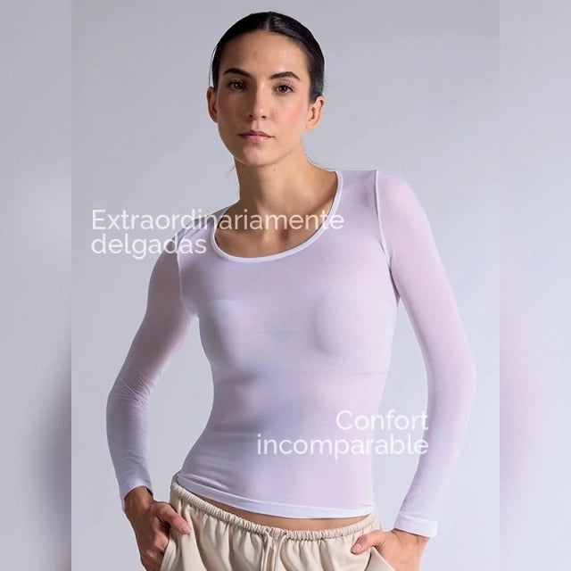 Camiseta Térmica Manga Larga Blanca de Microfibra Stretch Sin Costuras